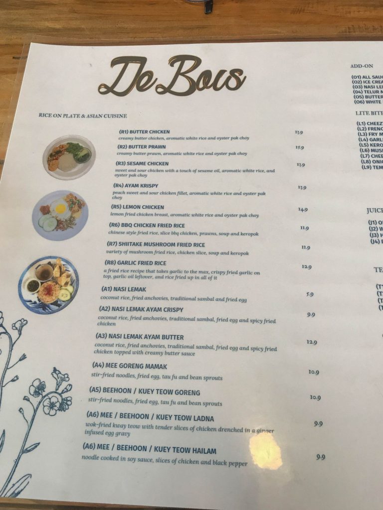 De Bois menu