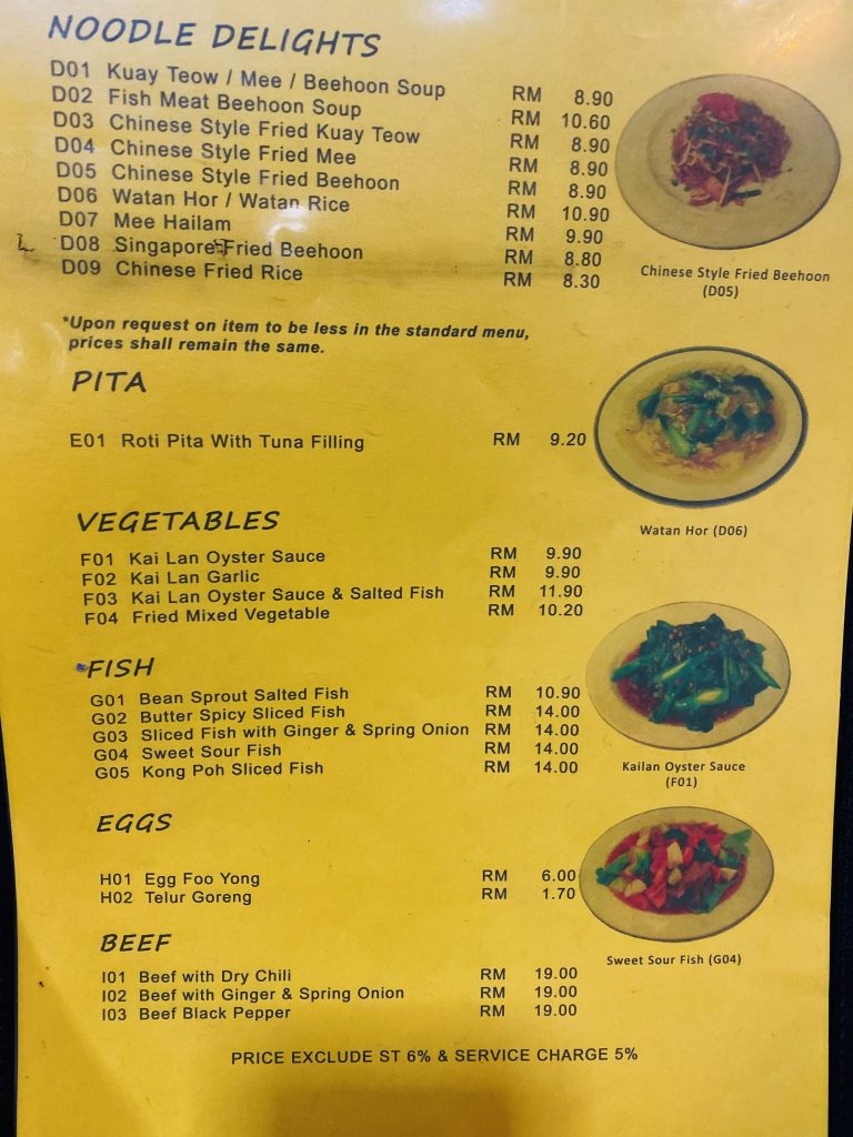 List of noodle delight, pita, vegetable, fish, eggs and beef list of menu